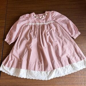 Vtg Handmade Girls Prairie Dress Pink Gingham Lace Cottagecore Heirloom 3T 4T